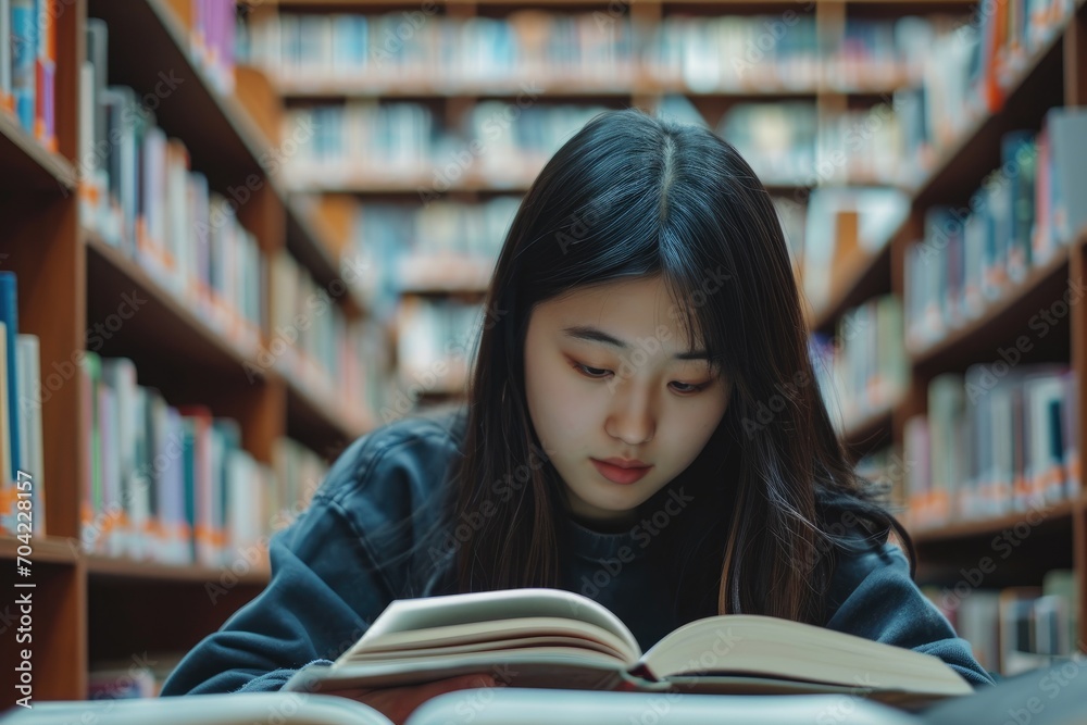 Asian student studying in a library, surrounded by books. Asian student studying in a library, surrounded by books.