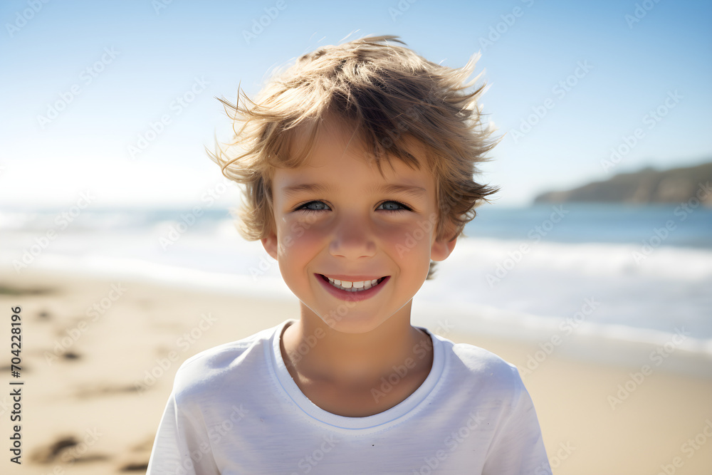 happy boy standing on beach shore happy boy standing on beach shore
