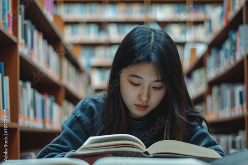 Asian student studying in a library, surrounded by books.