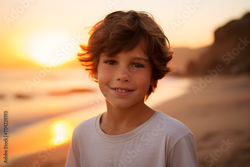 happy boy standing on beach shore at sunset