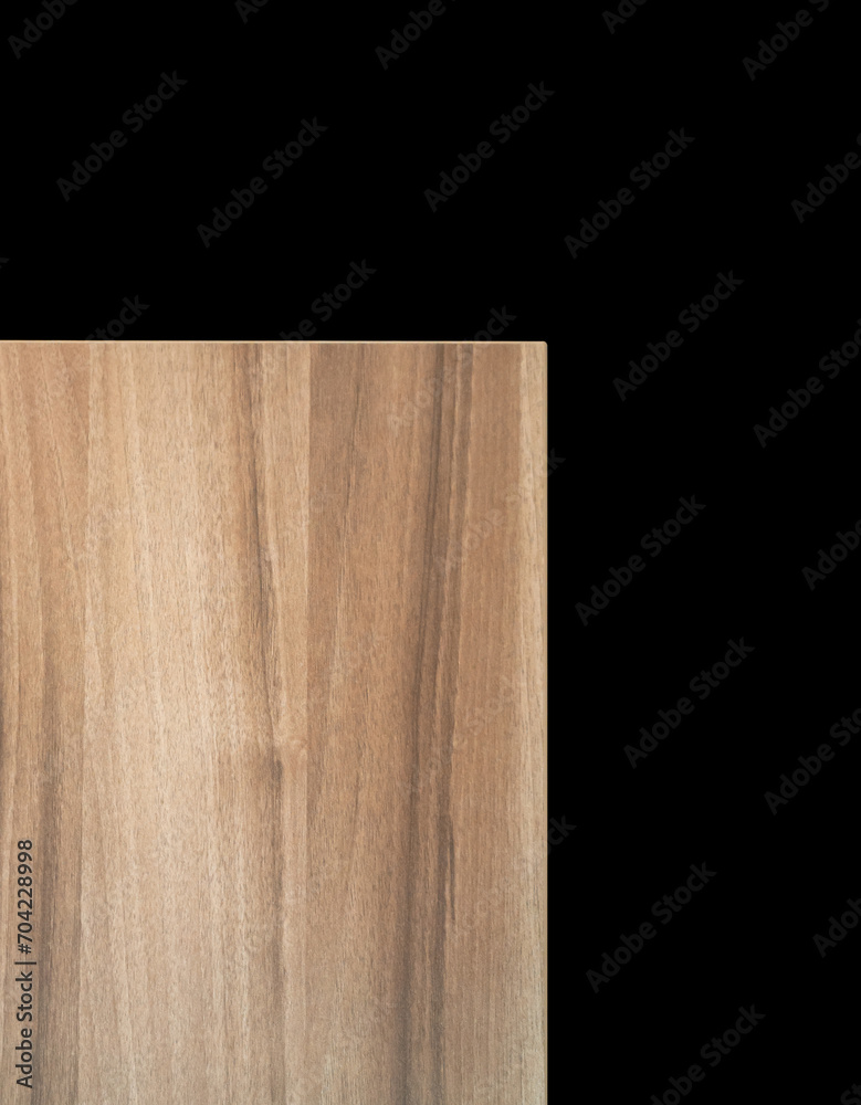 Naklejka premium View wooden table. Natural pattern, brown color, beautiful wood pattern. artificial wood texture Synthetic wood pattern. Perspective wooden table isolated black background