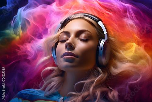 woman wearing headphones, enjoying music flow, feeling emotions in vibrant colour vibes, colourful dynamic sound waves and abstract digital light effects covering her hair