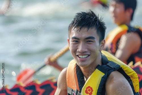 Asian young man participating in a traditional dragon boat race. © furyon