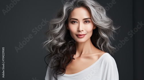 Elegant Asian woman with half white half black hair