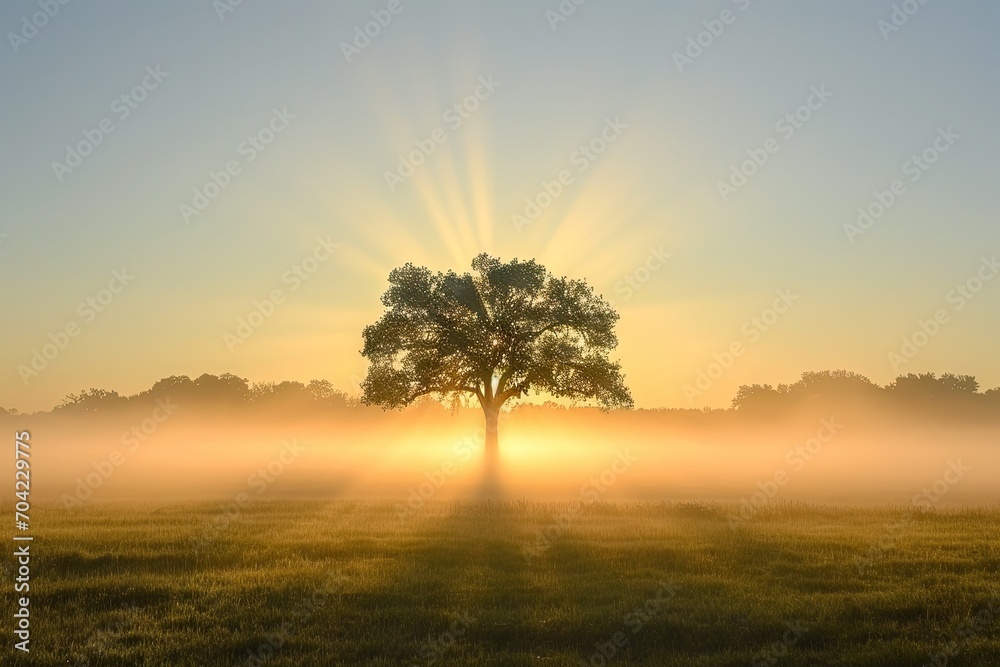 Serene sunrise bliss. Breathtaking nature landscape with sun peeking misty trees creating perfect harmony of sunlight morning fog and summer fields ideal for evoking tranquility and beauty in outdoor