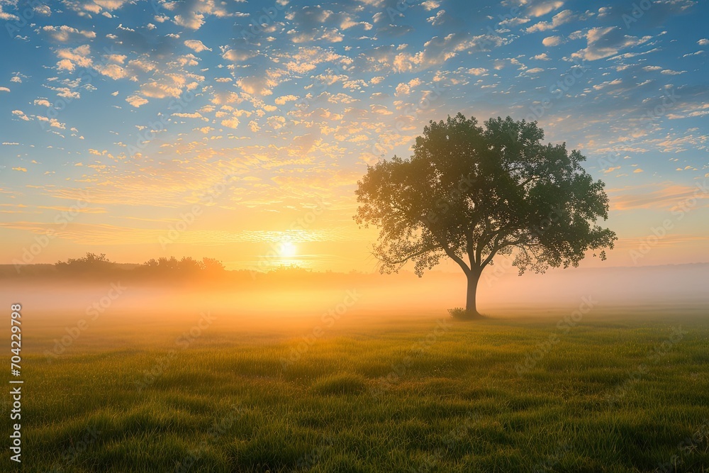 Obraz premium Serene sunrise bliss. Breathtaking nature landscape with sun peeking misty trees creating perfect harmony of sunlight morning fog and summer fields ideal for evoking tranquility and beauty in outdoor