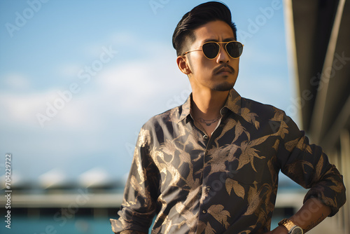 portrait of a stylish modern asian man wearing elegant high-fashion clothes on vacation © sam
