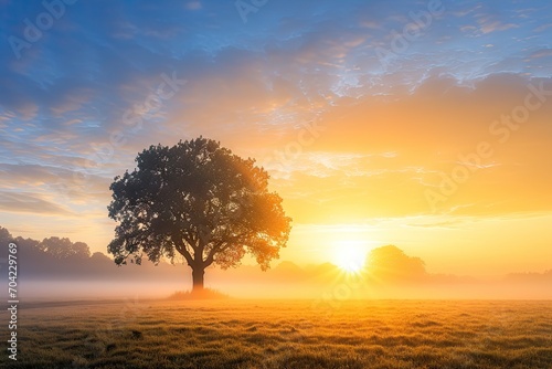 Serene sunrise bliss. Breathtaking nature landscape with sun peeking misty trees creating perfect harmony of sunlight morning fog and summer fields ideal for evoking tranquility and beauty in outdoor © Bussakon