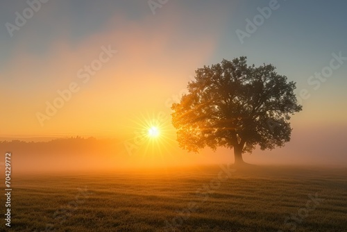 Serene sunrise bliss. Breathtaking nature landscape with sun peeking misty trees creating perfect harmony of sunlight morning fog and summer fields ideal for evoking tranquility and beauty in outdoor