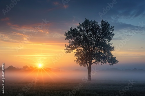 Serene sunrise bliss. Breathtaking nature landscape with sun peeking misty trees creating perfect harmony of sunlight morning fog and summer fields ideal for evoking tranquility and beauty in outdoor
