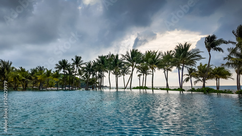 Tropical infinity pool with palm trees under a moody sky  suggesting an idyllic yet dramatic vacation setting