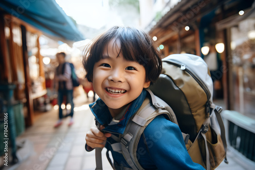 Happy traveller Asian child with backpack taking selfie picture - Travel blogger Life style and technology concept