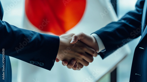 日本国旗の前で握手する様子 photo