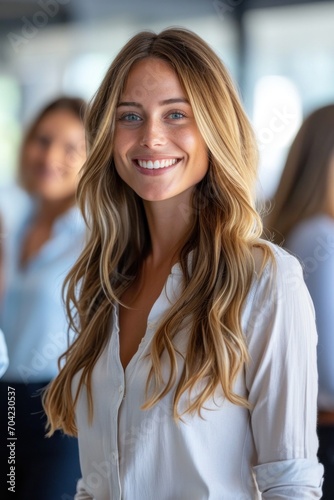 smiling business women in the foreground and employees