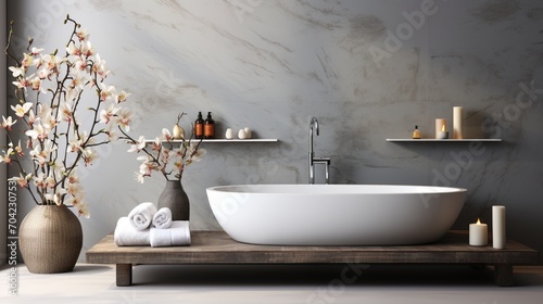 Modern bathroom interior with flowers and candles