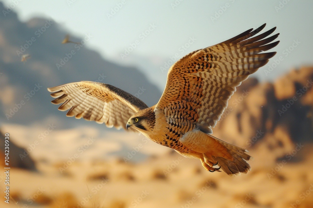 Fototapeta premium Falcon catching its prey flying in the middle of the beautiful desert