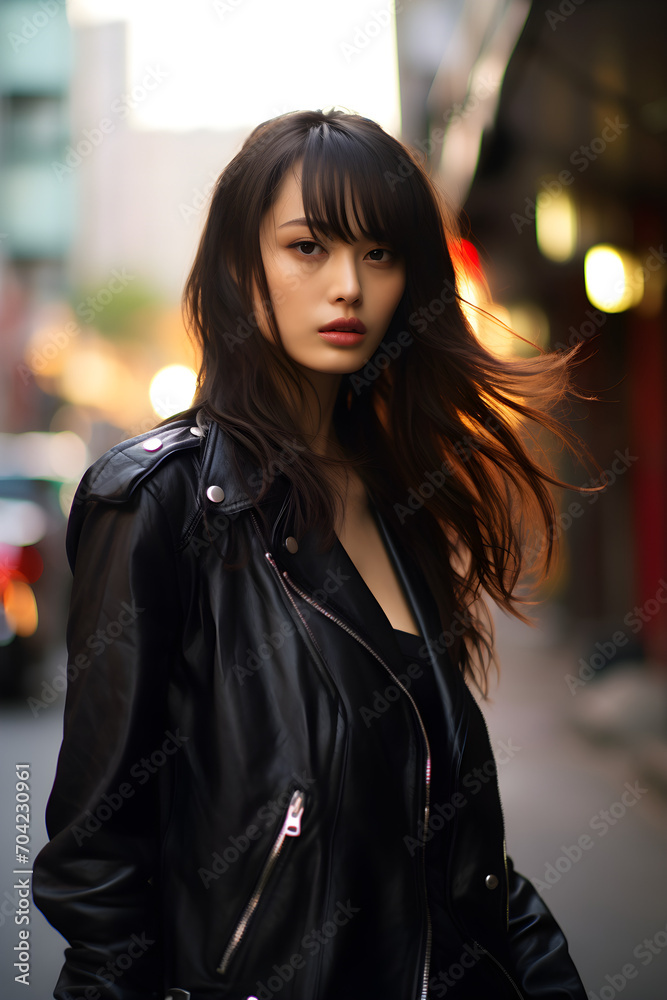 portrait of beautiful young Japanese model wearing stylish leather motorbike jacket on street portrait of beautiful young Japanese model wearing stylish leather motorbike jacket on street