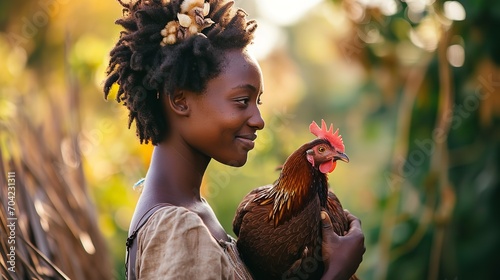 Portrait of a happy woman farmer holding a chicken in her hand, Generative AI. photo