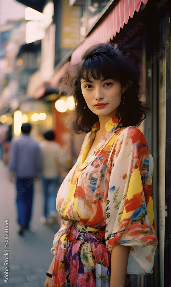 portrait of beautiful Japanese model wearing 1990s fashion dress on street