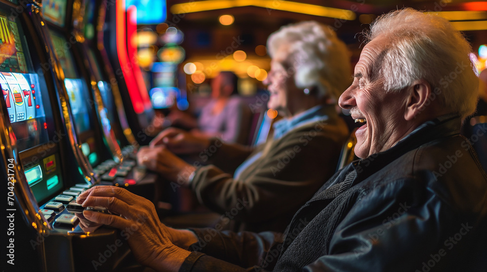 Older couple having fun playing slot machines in casino at night.