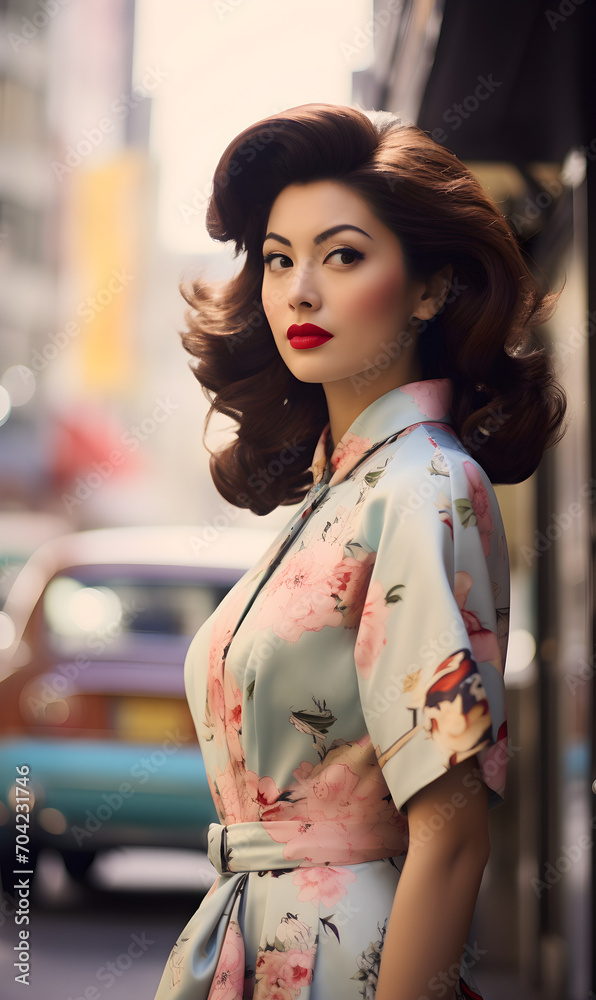 Obraz premium portrait of beautiful Japanese model wearing 1930s fashion dress on street