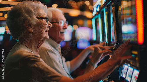 Senior couple having fun inside a casino, using slot machines.