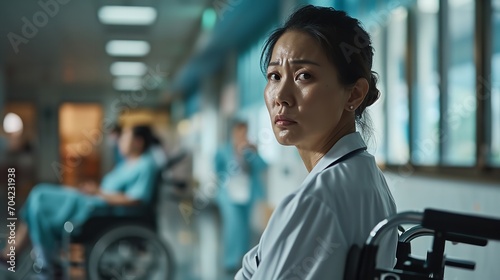 Portrait of Asian female nurse in hospital with a big copy space, Generative AI. photo