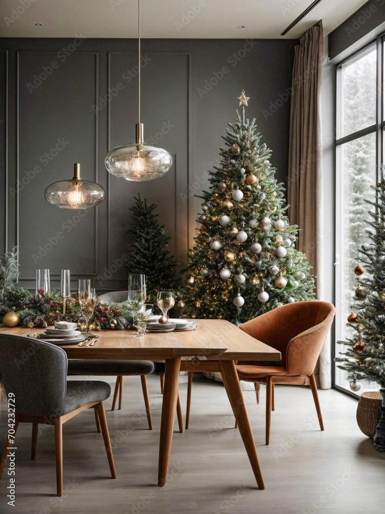 A modern, Scandinavian inspired holiday dining setting in neutral greys and natural tones A modern, Scandinavian inspired holiday dining setting in neutral greys and natural tones