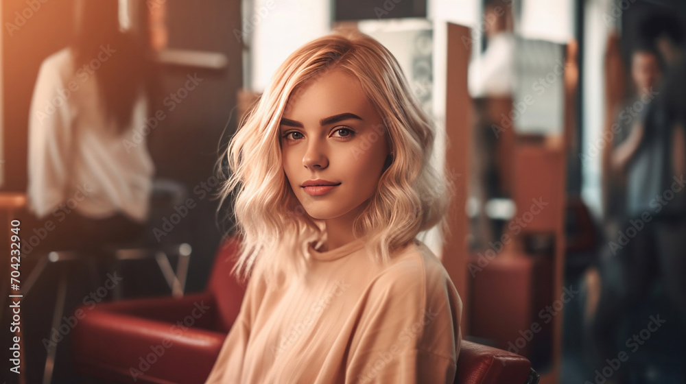Fototapeta premium A beautiful blonde model woman sitting on the chair and talks to the hairstylist barber in the hairdresser salon gets a new haircut, dyes her hair and style it.