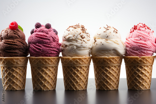 Food, dessert concept. Set of various colors, flavors and tastes ice creams in wafer cups. Plain background with copy space
