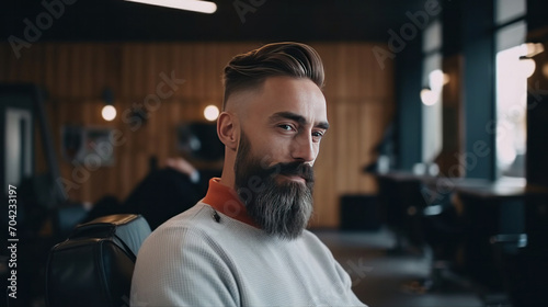 A handsome model man with a beard sitting on the chair and talks to the hairstylist barber in the hairdresser. Barbershop salon gets a new haircut trim and style it.
