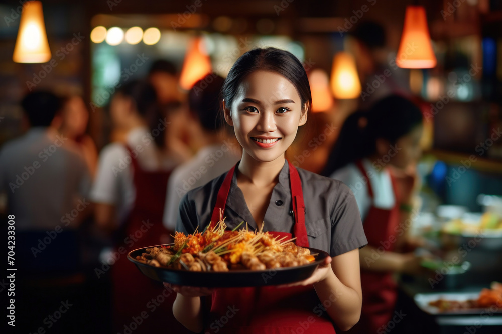 Asian beautiful yong waitress serving in motion on duty in restaurant.