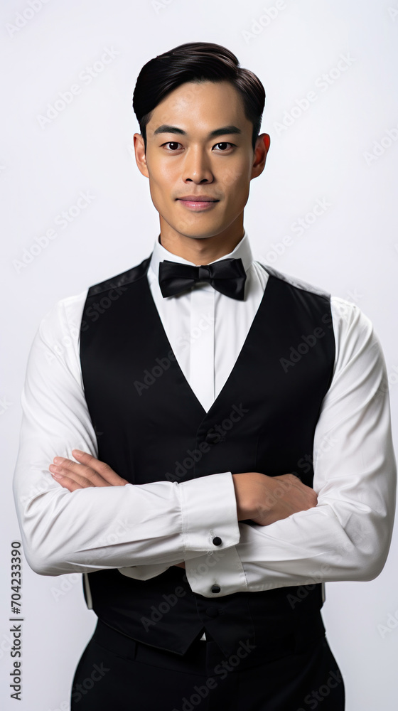 Portrait of asian handsome yong waiter in tuxedo and gloves while happily looking in camera with arms folded on white background. Portrait of asian handsome yong waiter in tuxedo and gloves while happily looking in camera with arms folded on white background.
