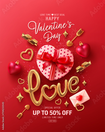 Valentine's day banner template with Heart Shaped Gift Box,golden text Love and golden love 3D Icons.Vector of poster or banner for Valentine's day.Greetings and presents for love concept.