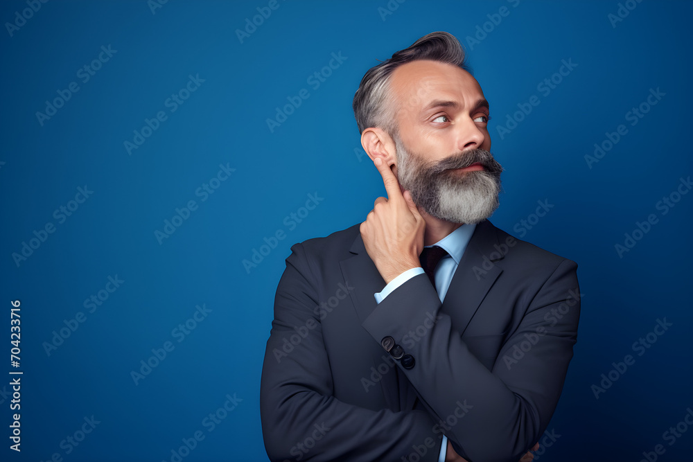 studio portrait of a businessman deep in thought isolated on blue background studio portrait of a businessman deep in thought isolated on blue background