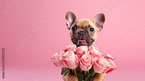 Cute dog with flower on valentines day on colour backgroundมstudio photo for card, banner or invitation © suthiwan