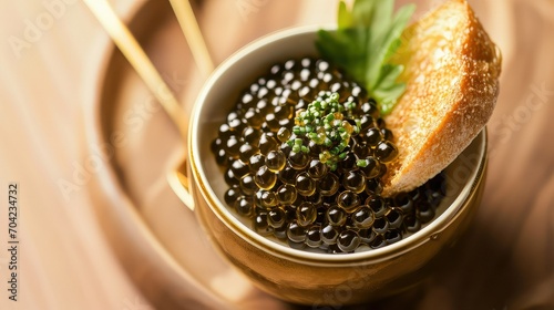 Golden kaluga caviar with traditional garnish, crème fraîche & brioche toast served at this fine dining restaurant. photo