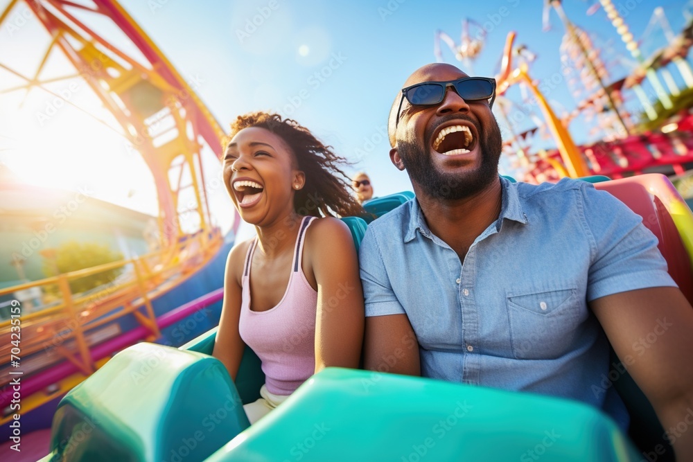 African-American couple laughing while riding a roller coaster