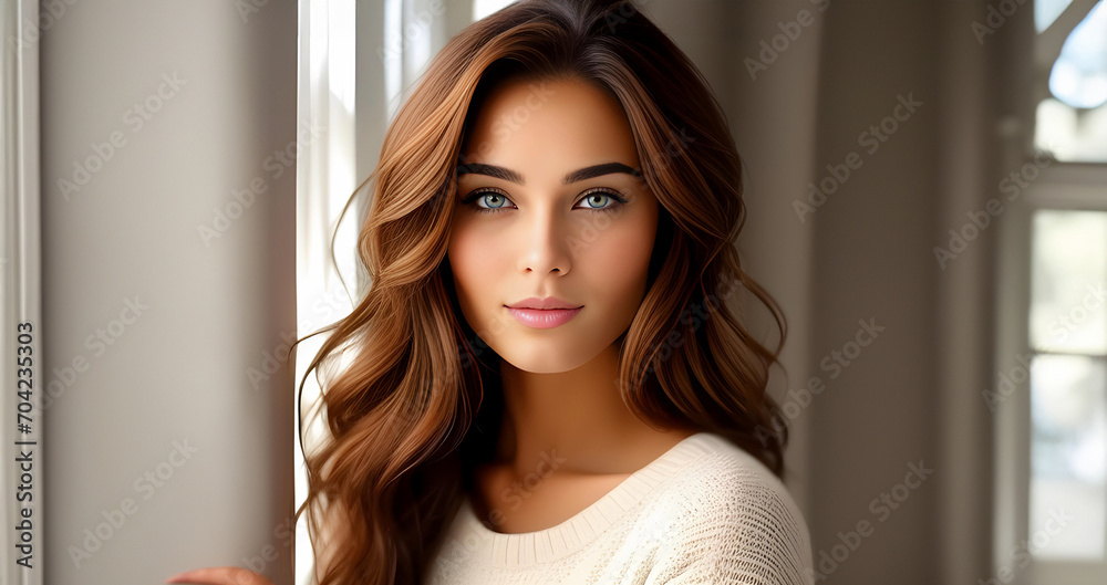 Attractive woman. Beautiful woman, portrait close up. Gorgeous woman blue eyes, perfect skin, plump lips. Beauty face. Fashion portrait. Beauty model girl with curly hairstyle. Woman face close up. - obrazy, fototapety, plakaty 
