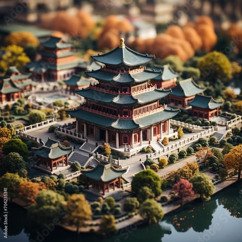 Miniature Chinese courtyard with autumn trees and lake © duyina1990