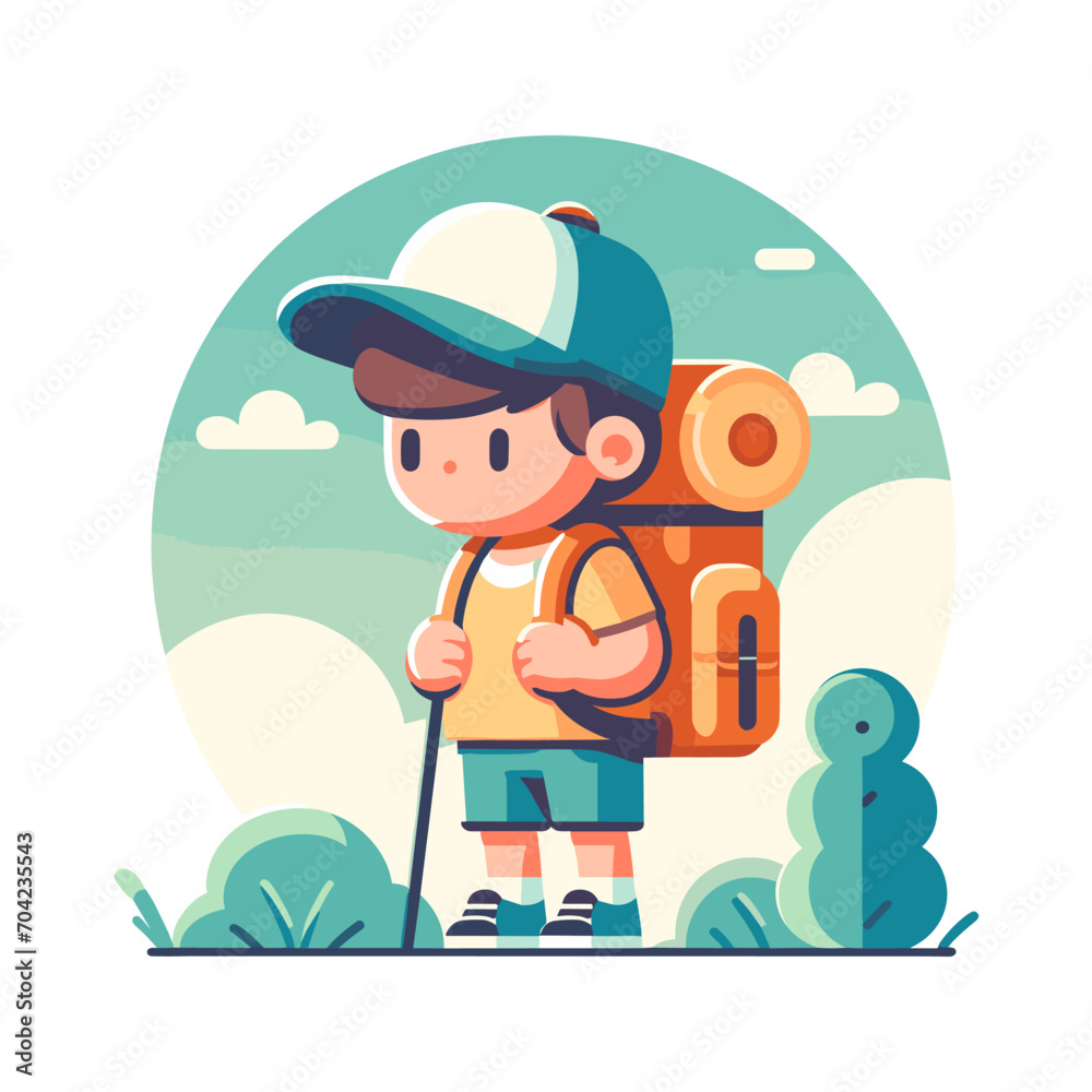Vector illustration of a child with a large backpack on his back ...