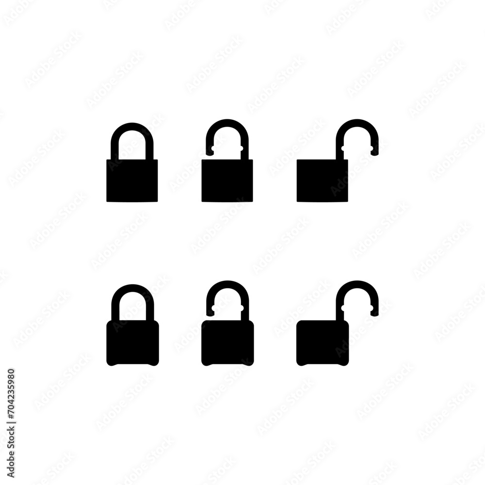 Set of the Closed and Open Padlock Silhouette, Flat Style, can use for Art Illustration, Pictogram, Logo Gram, Website or Graphic Design Element. Vector Illustration Set of the Closed and Open Padlock Silhouette, Flat Style, can use for Art Illustration, Pictogram, Logo Gram, Website or Graphic Design Element. Vector Illustration