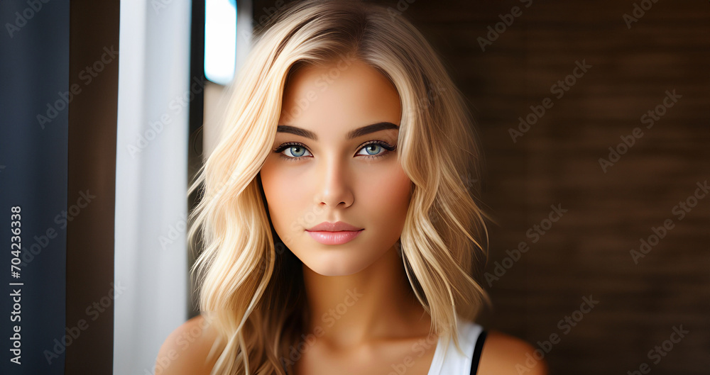 Attractive woman. Beautiful woman, portrait close up. Gorgeous woman with blue eyes, perfect skin, plump lips. Beauty face. Fashion portrait. Beauty model girl with curly hairstyle. Sexy Woman.