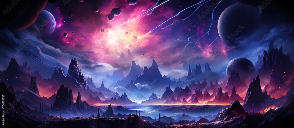 Fantasy landscape with mountains and planets - obrazy, fototapety, plakaty 