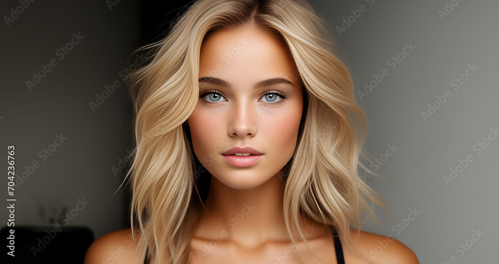 Woman portrait. Beautiful woman, portrait close up. Portrait of woman with blue eyes, perfect skin. Beauty face. Fashion portrait. Beauty model girl with curly hairstyle. - obrazy, fototapety, plakaty 