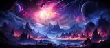 Fantasy landscape with mountains and planets
