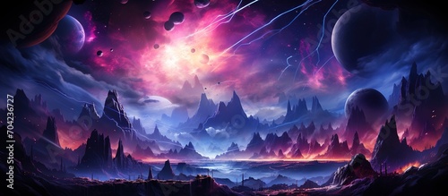 Fantasy landscape with mountains and planets photo