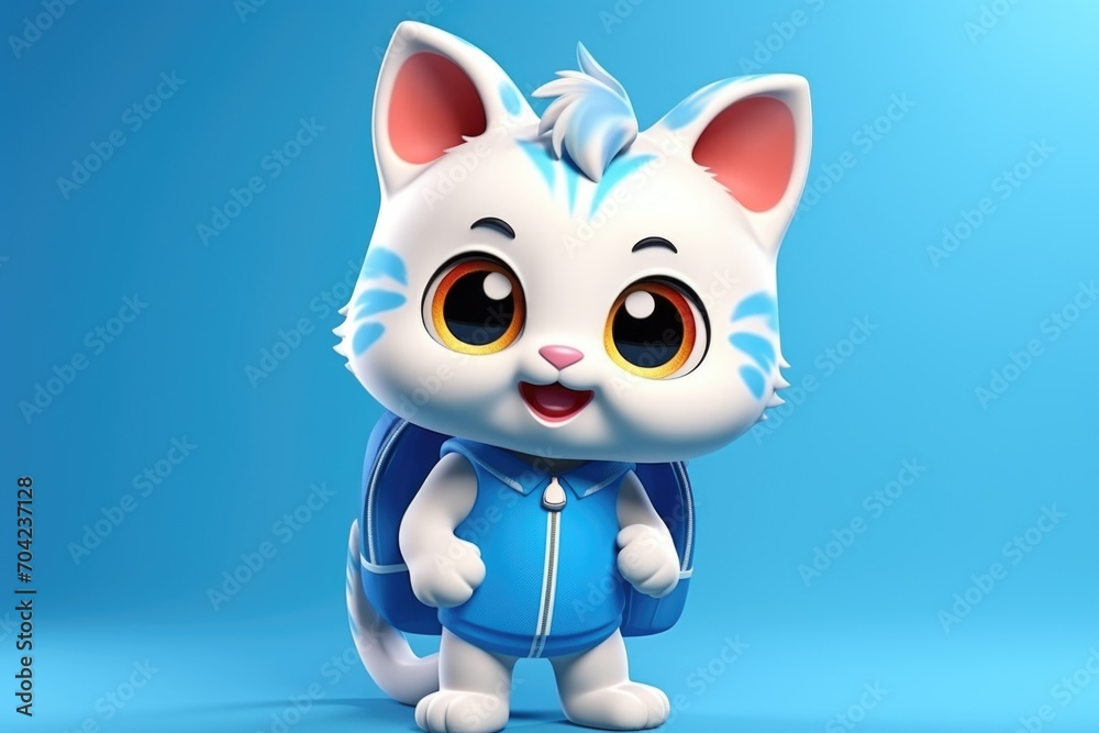 Fototapeta premium An illustration of a white kitten of schoolboy with a backpack on his back on blue background.