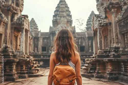Asian young woman exploring a historic temple, admiring ancient architecture. © furyon
