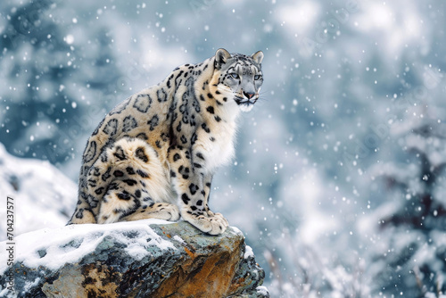 A snow leopard is perching on a snow-covered rock